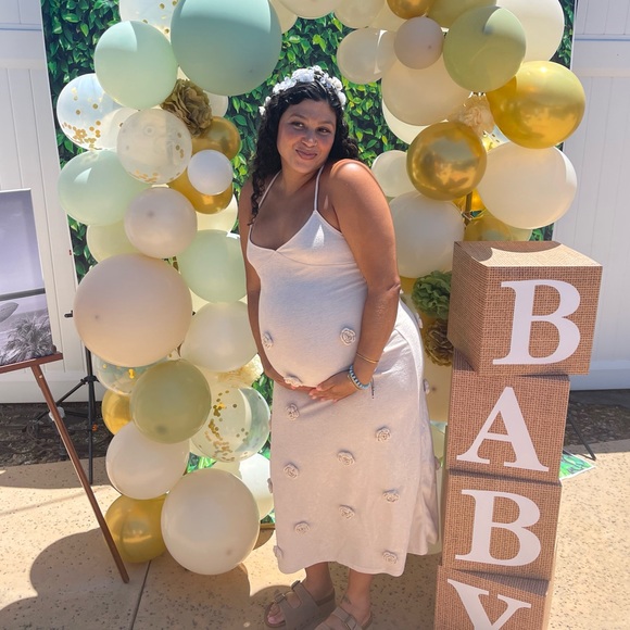 Cream Spaghetti Strap Backless 3D Flowers Maternity Maxi Dress - Picture 6 of 6